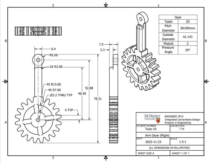 Right arm gear transferring rotational motion to the arms