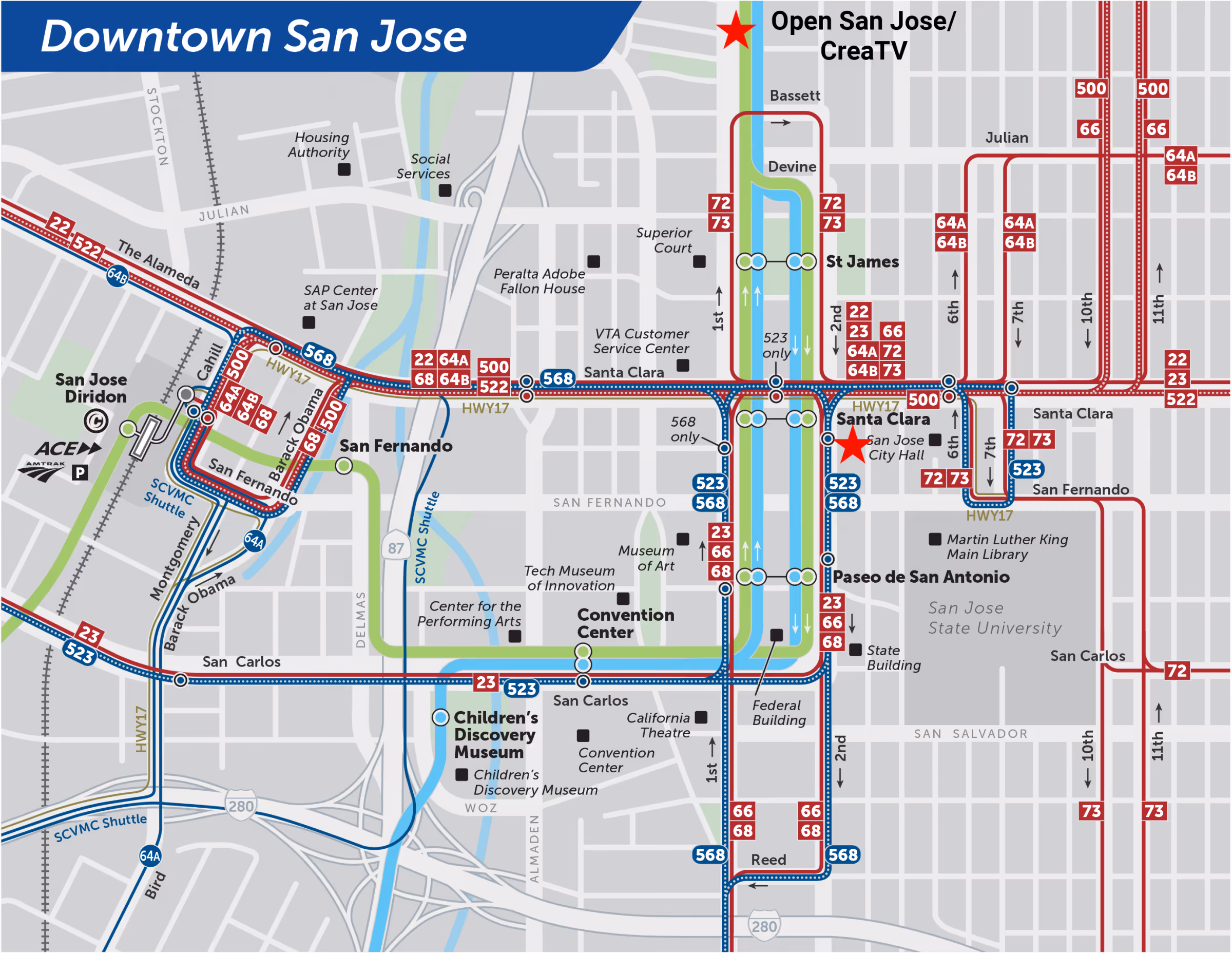 Transit map of Downtown San Jose highlighting bus routes, stops, landmarks like San Jose Diridon, SAP Center, City Hall, Convention Center, and museums.