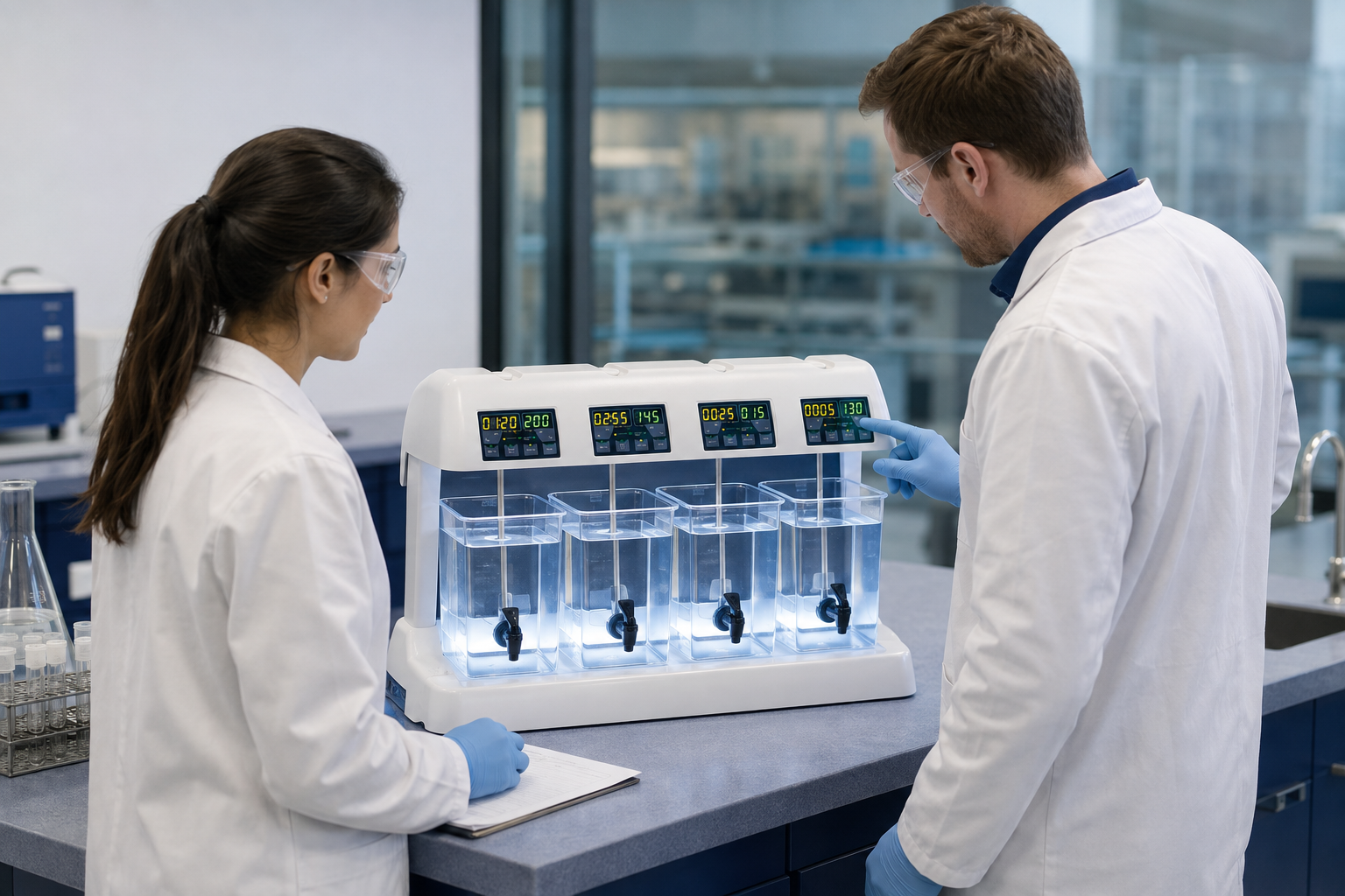 Water treatment consultants using a Platypus Jar Tester in a laboratory