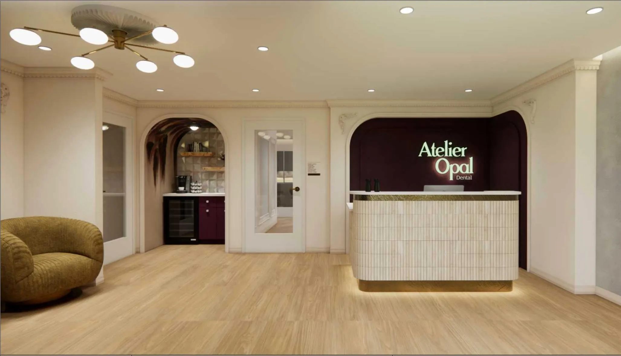 Modern reception area with illuminated Atelier Opal Dental sign, wooden floor, and curved armchair.