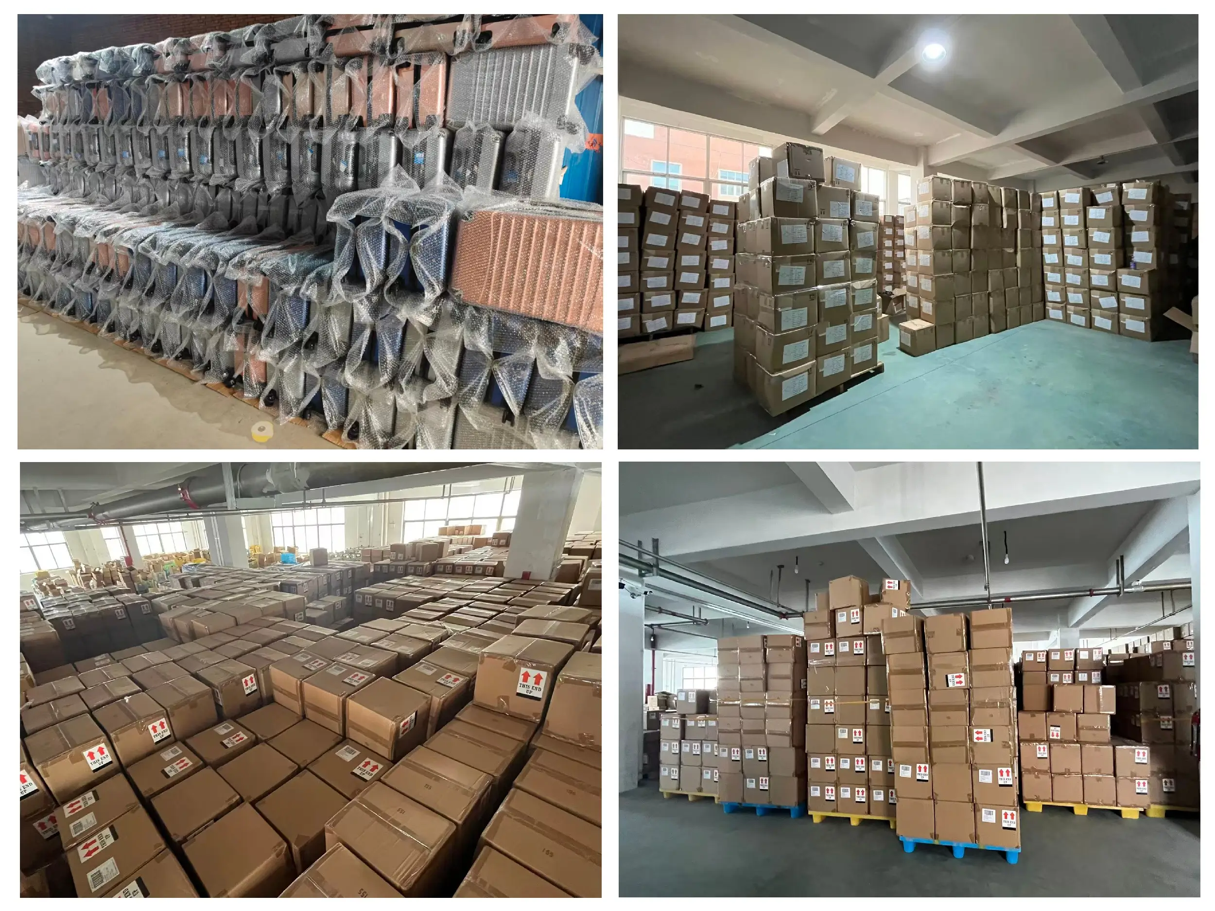 Benta Stock 2,000 sqm warehouse displaying stacked wholesale apparel inventory and clothing boxes in China