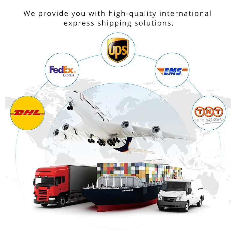 International shipping partner logos DHL, FedEx, UPS, EMS and TNT for wholesale apparel worldwide delivery
