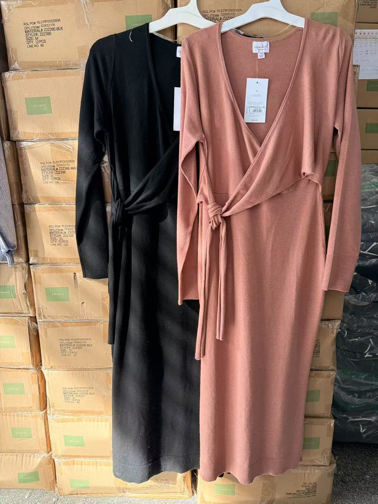 Front view of ladies long knit dress in black and blush pink TF8646