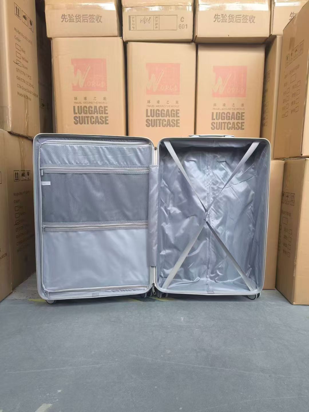Close-up view of boxed trolley luggage set ready for bulk packaging and shipping