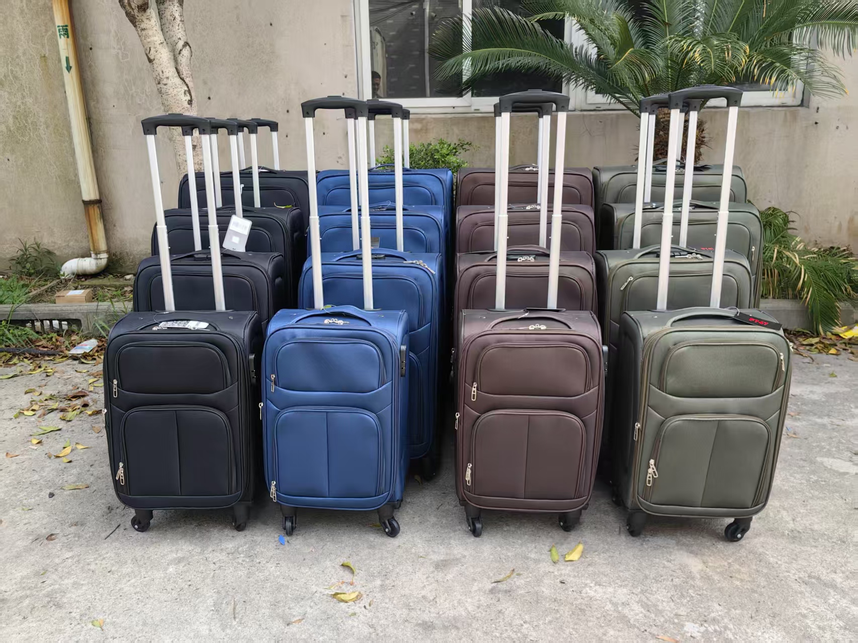 Set of colorful hard-shell trolley suitcases displayed outdoors