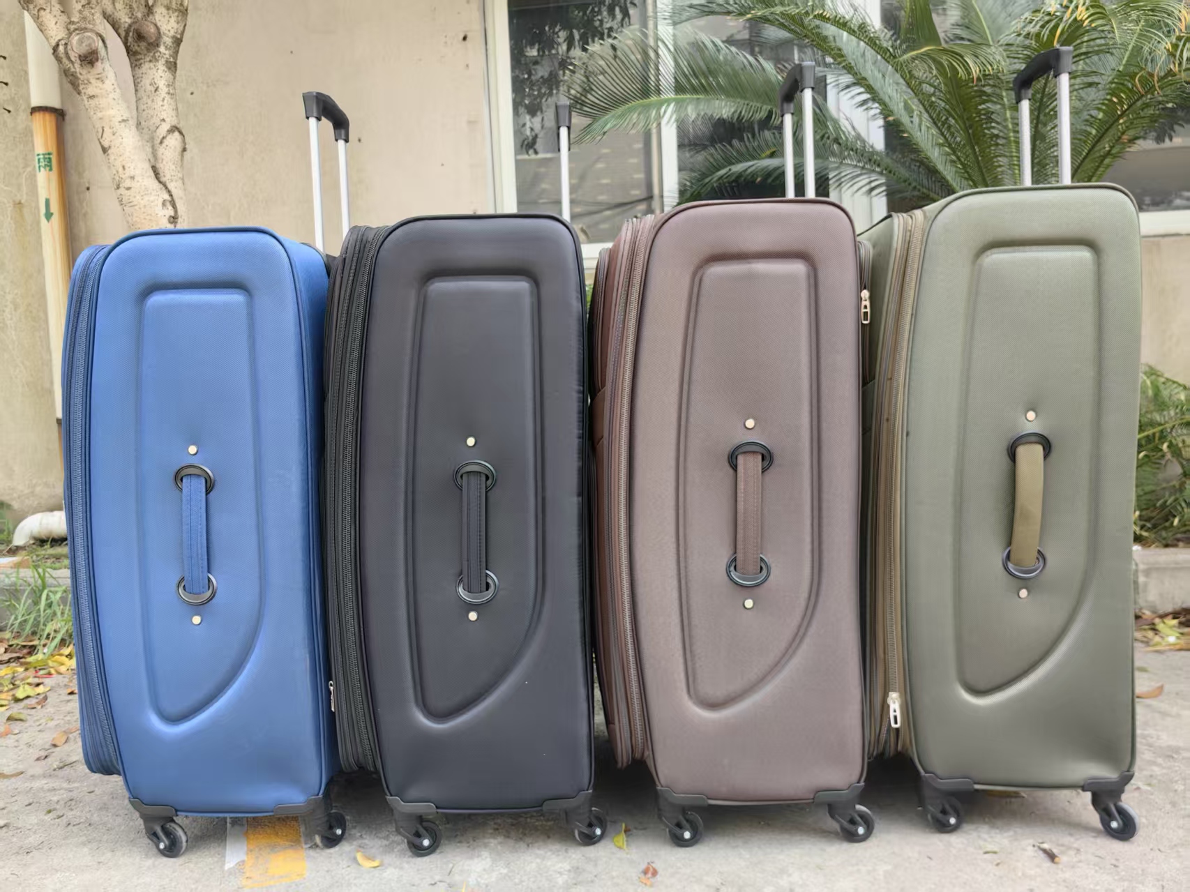 Row of multicolored hard-shell suitcases lined up outdoors