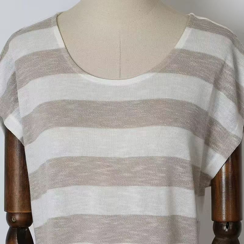 Grey and white striped ladies' short sleeve t-shirt displayed on a mannequin