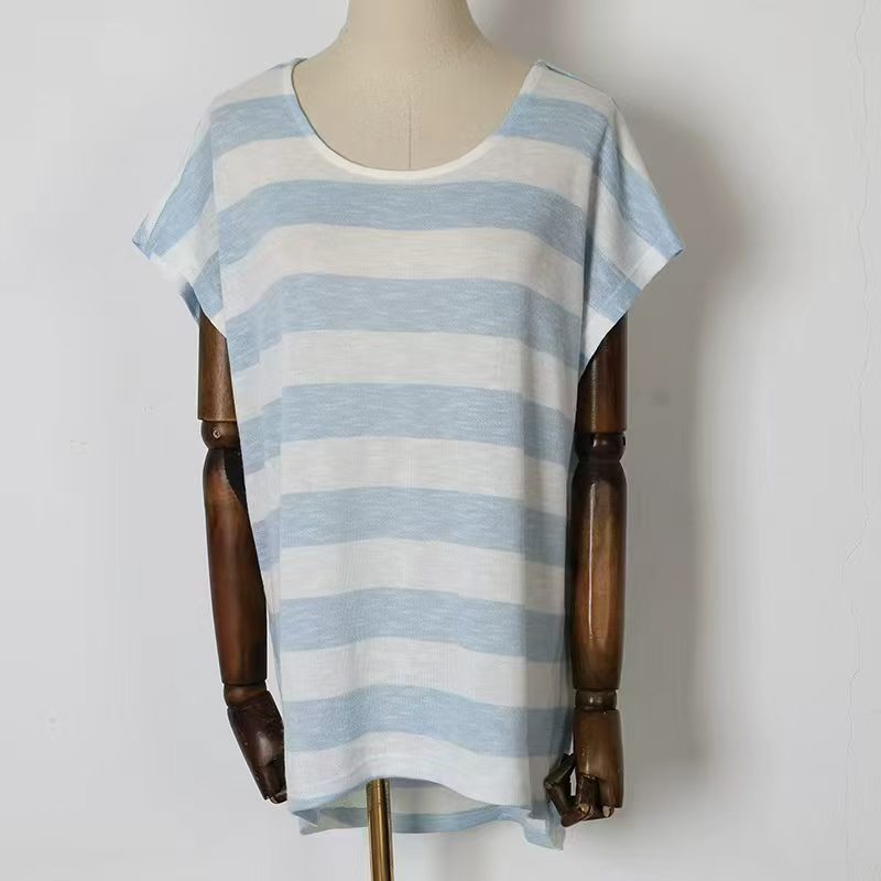 Light blue and white striped ladies' short sleeve t-shirt displayed on a mannequin