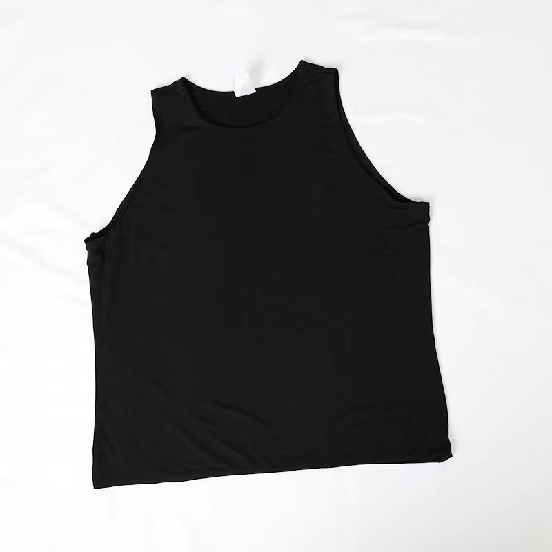 Front view of black women's tank top with crew neck laid flat.