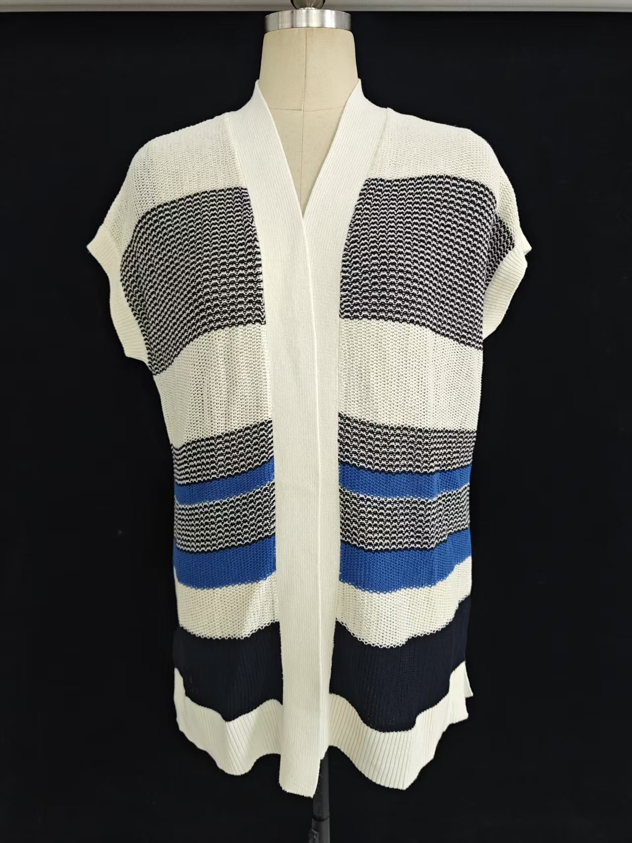 Women's 100% cotton short sleeve striped knit cardigan - Style TF9031
