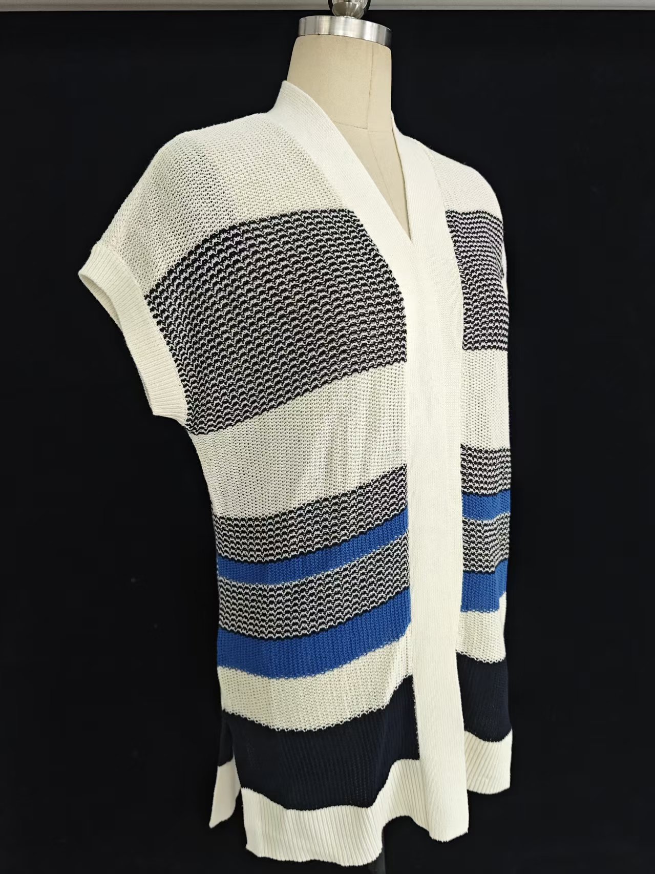 Front view of ladies' striped knit cardigan sweater, style TF9031