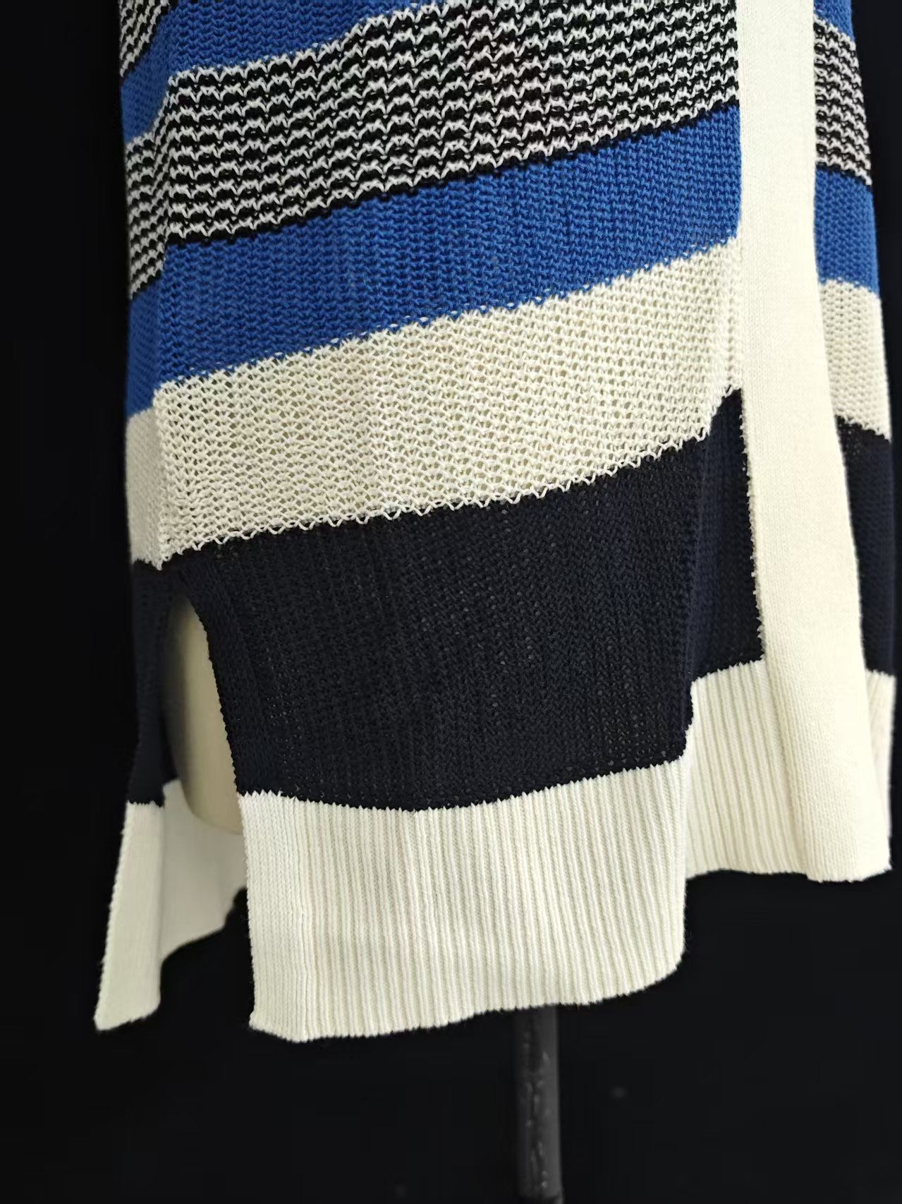 Close-up texture detail of 100% cotton striped knit cardigan, style TF9031