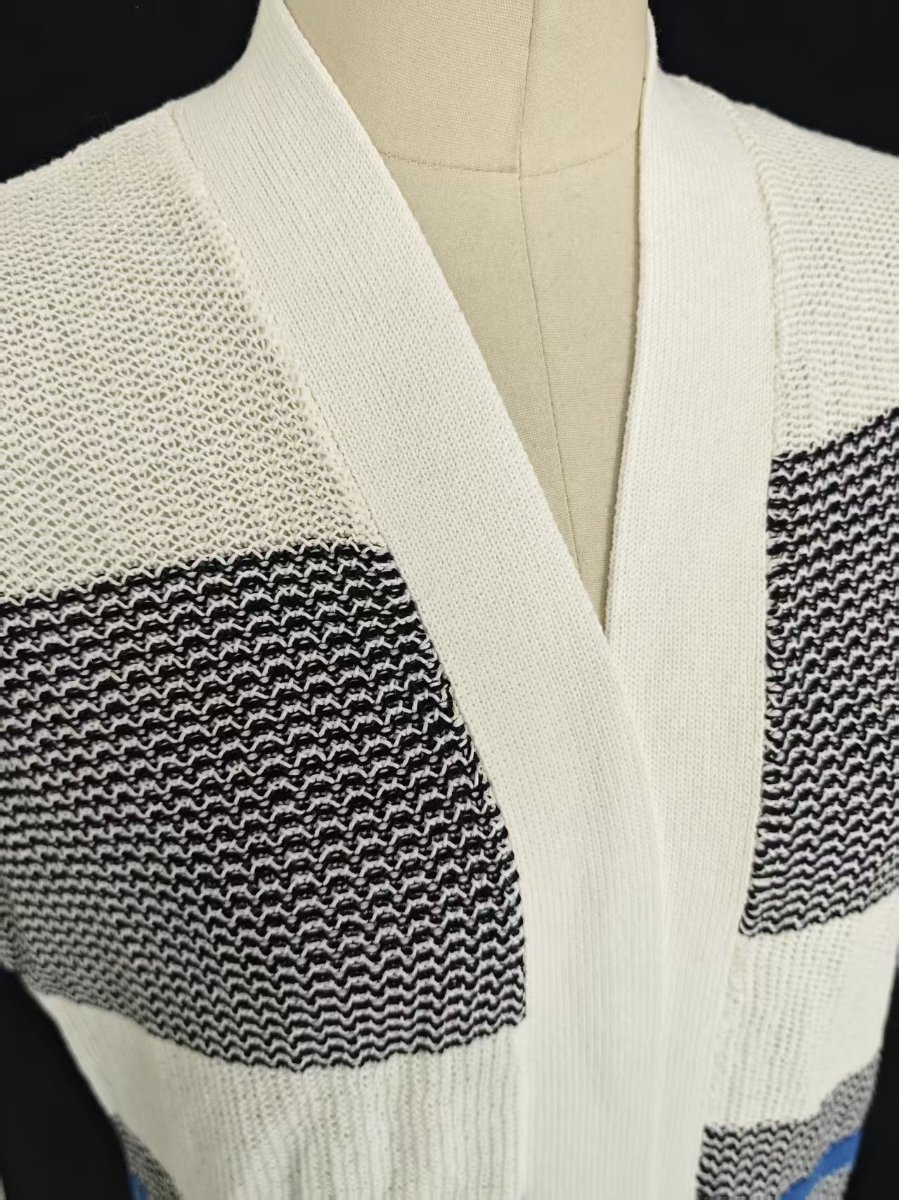 Close-up texture detail of 100% cotton striped knit cardigan, style TF9031