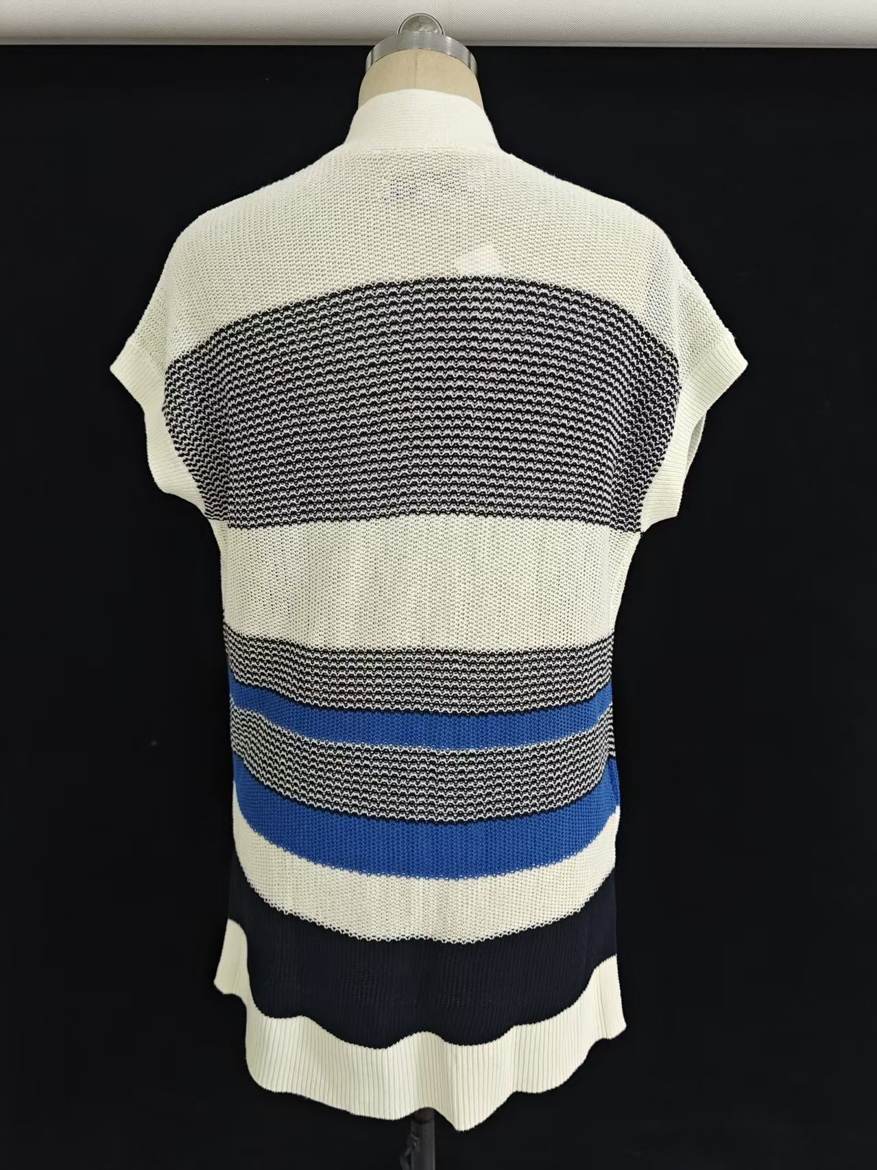 Front view of ladies' striped knit cardigan sweater, style TF9031