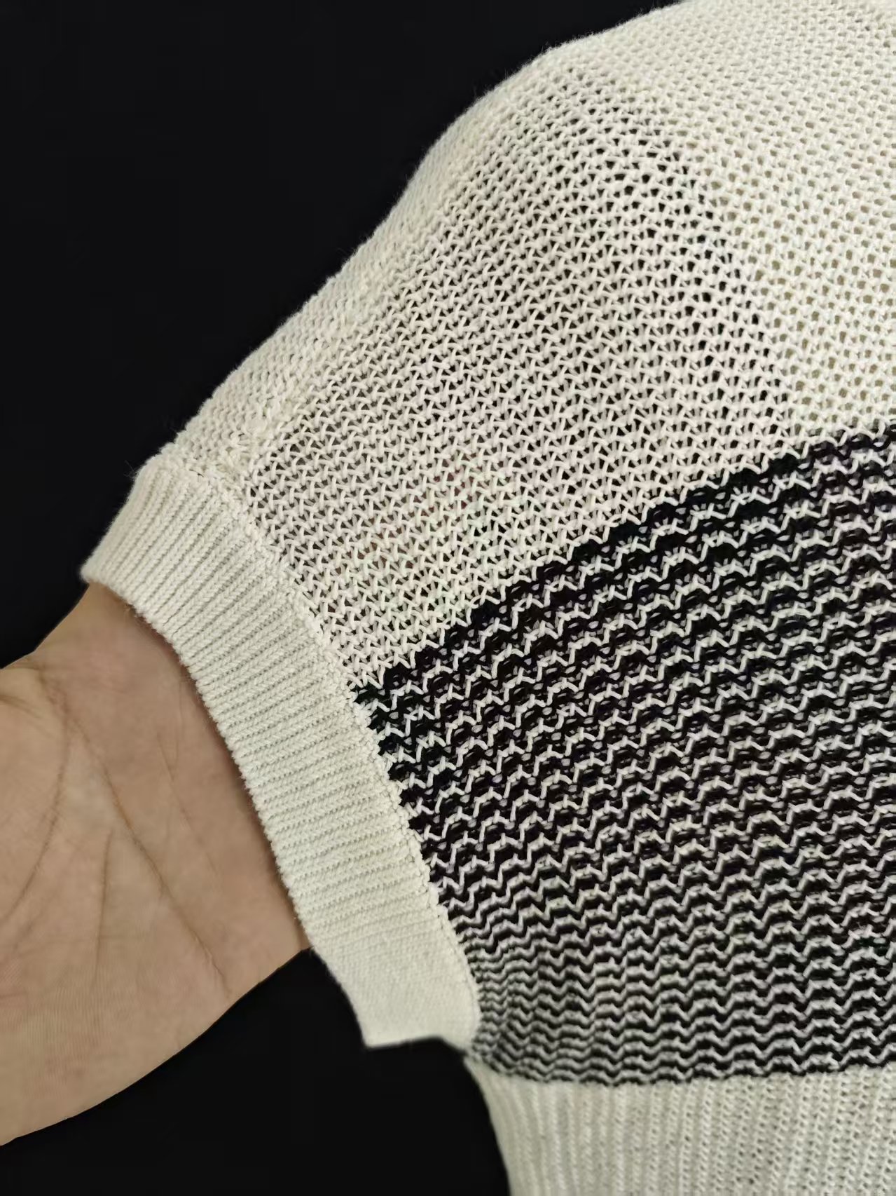 Close-up texture detail of 100% cotton striped knit cardigan, style TF9031