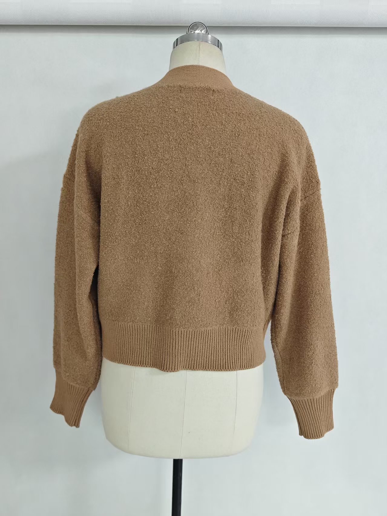 Back view of women's camel cotton blend cardigan TF8827