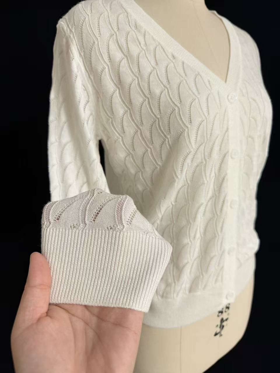 Front view of women's cotton acrylic knit cardigan TF8881