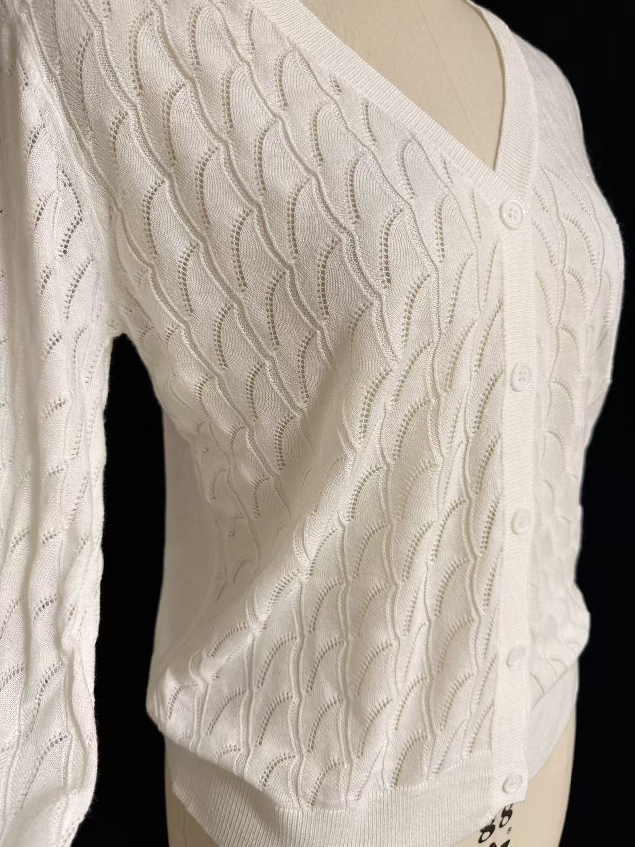 Side view and texture detail of ladies' knit cardigan TF8881