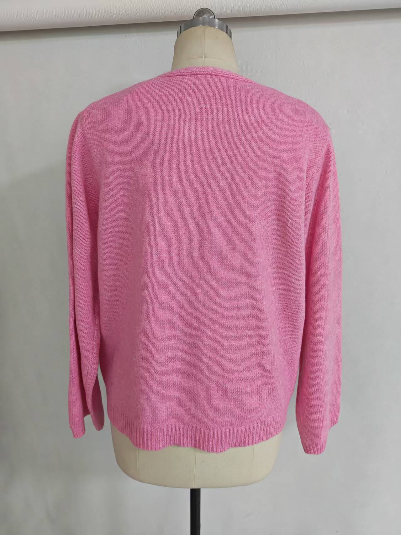 Back view of ladies' pink cotton blend knit cardigan TF8842