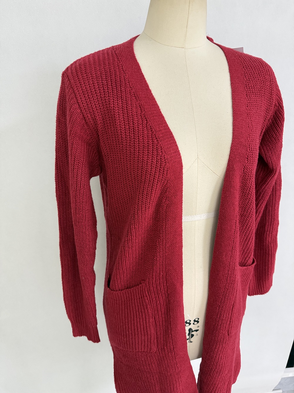 Front view of women's burgundy knit cardigan sweater TF8765
