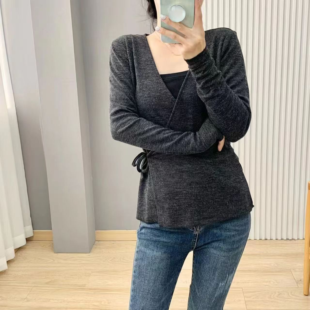 Grey ladies' knit cardigan sweater - Style TF8661