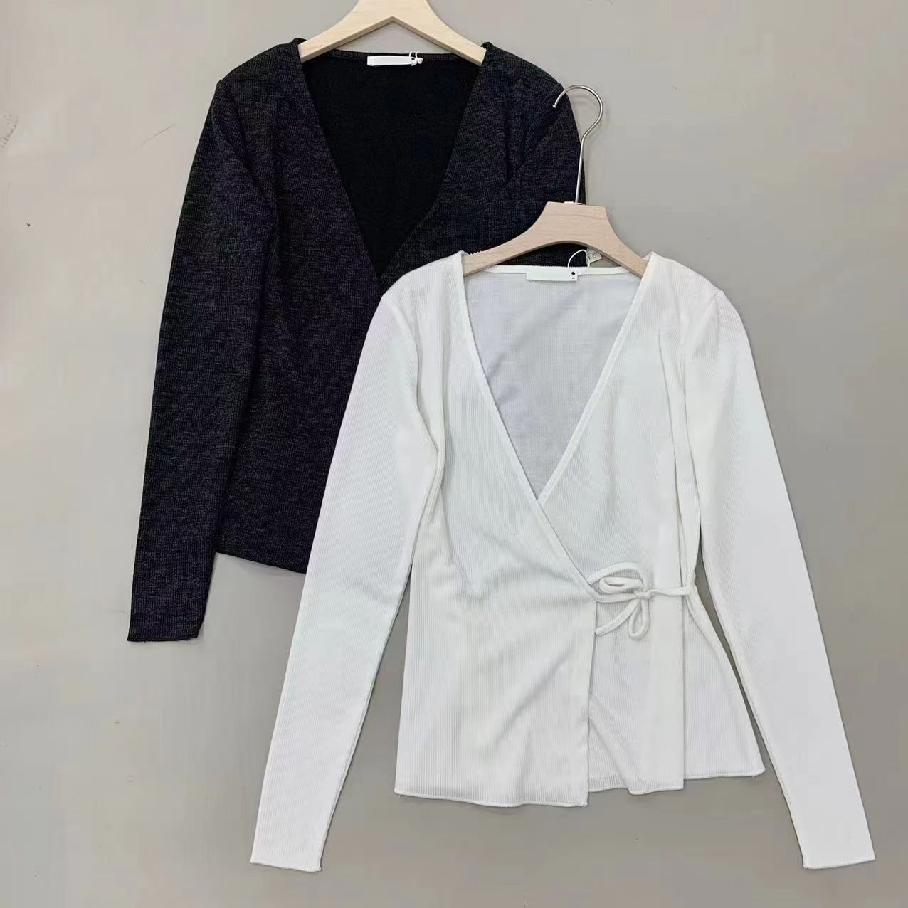 Grey and white women's knit cardigan sweaters TF8661