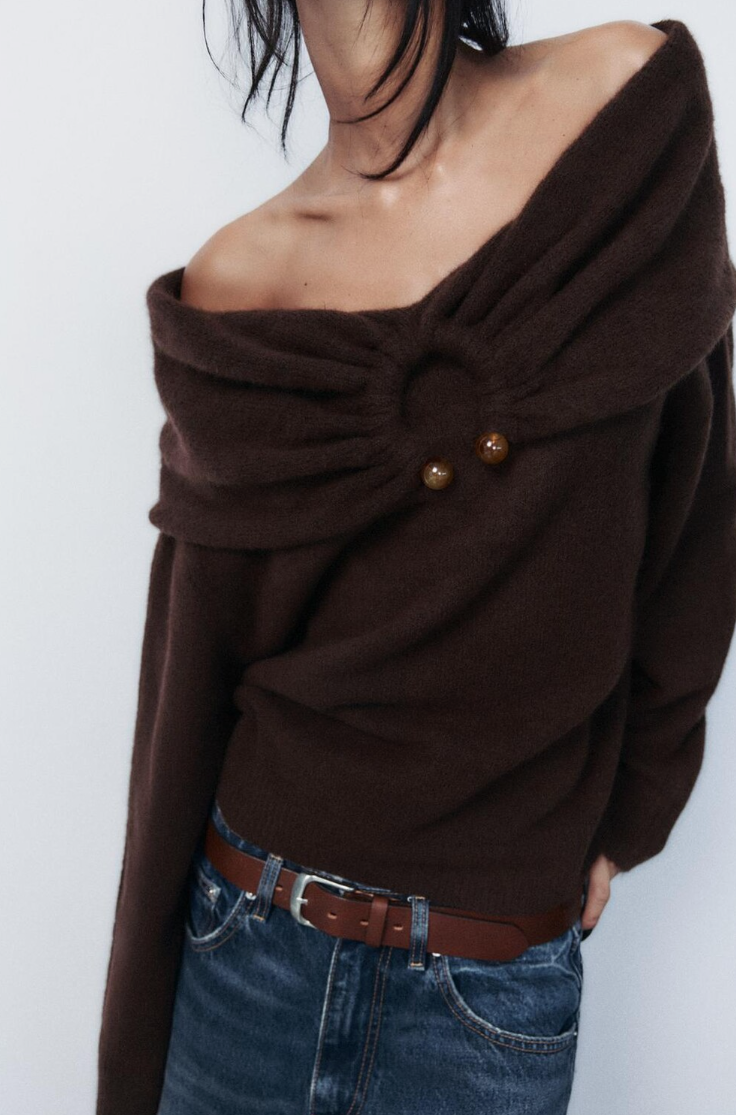 Brown ladies' wool blend knit sweater - Style TF8687