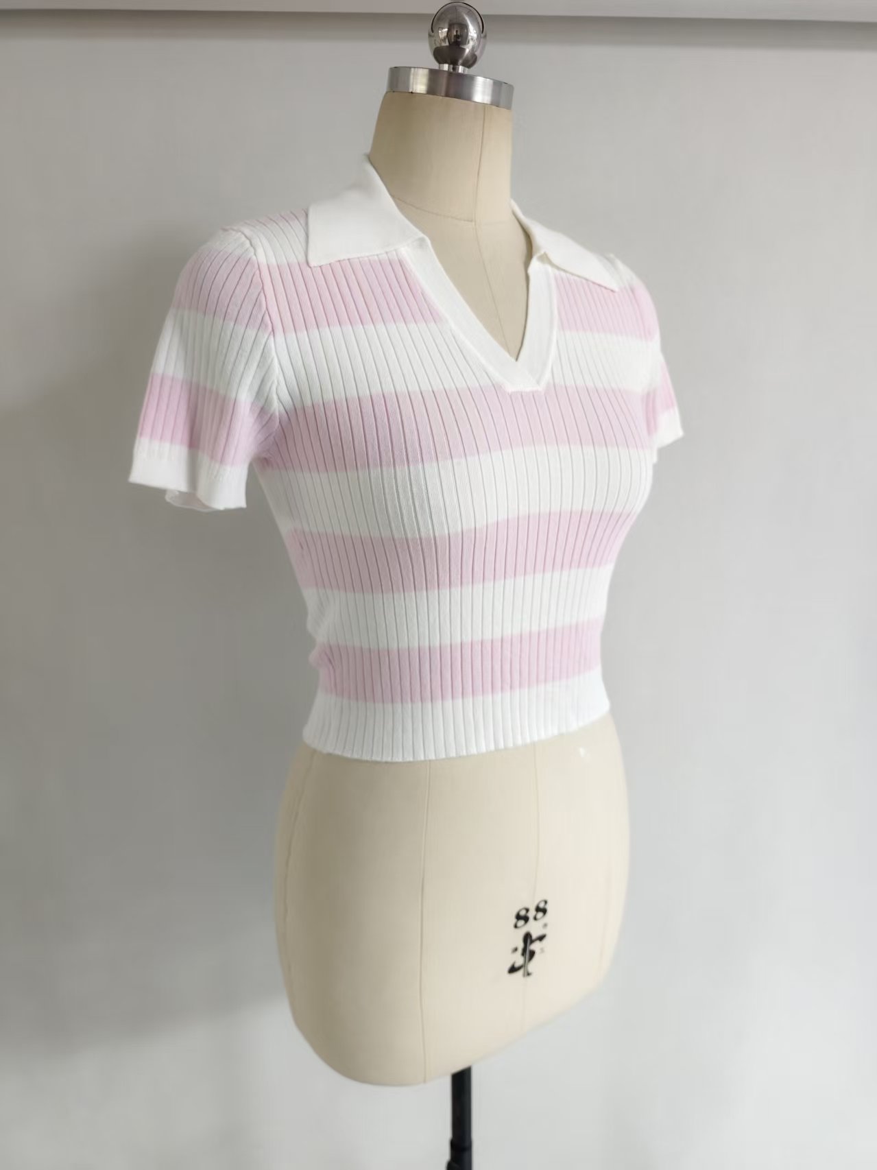 Pink white stripe women V-neck short sleeve knit top TF9026 front on dress form