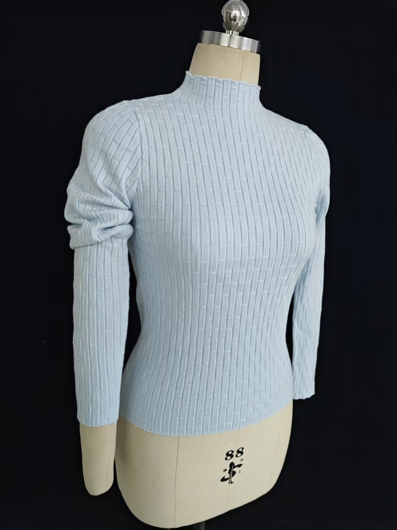 Light blue women mock neck long sleeve ribbed knit top TF8632 front on dress form
