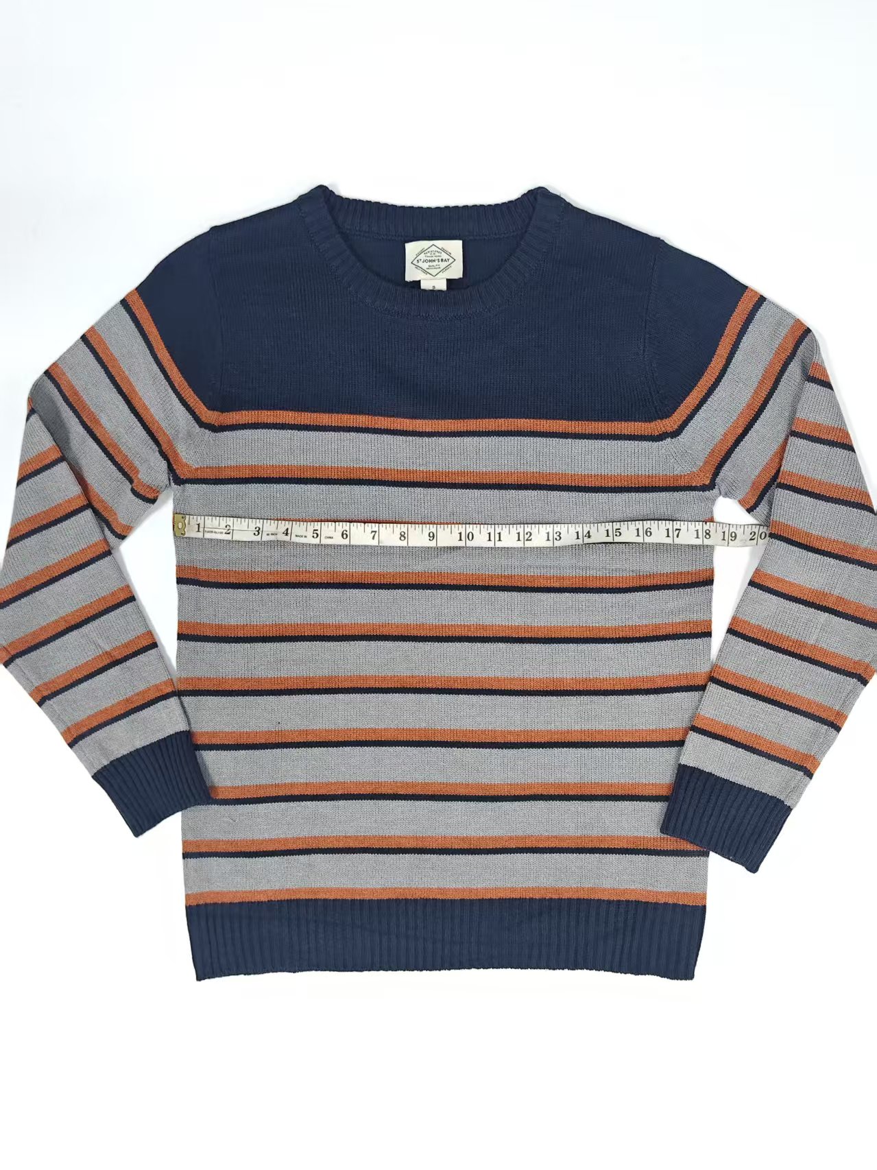Navy orange striped men crew neck knit sweater TF8826 front flat lay view