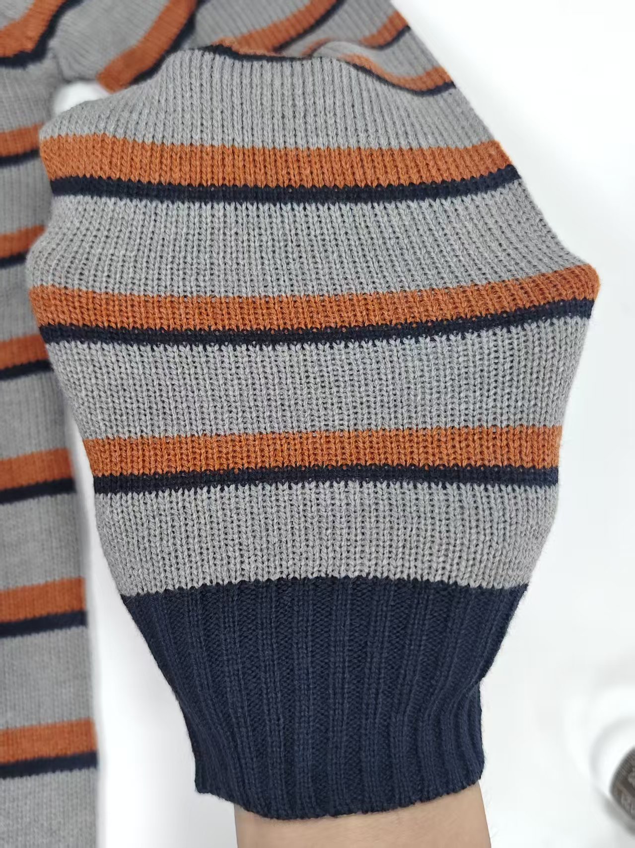 Side detail view wholesale men striped long sleeve knit sweater TF8826