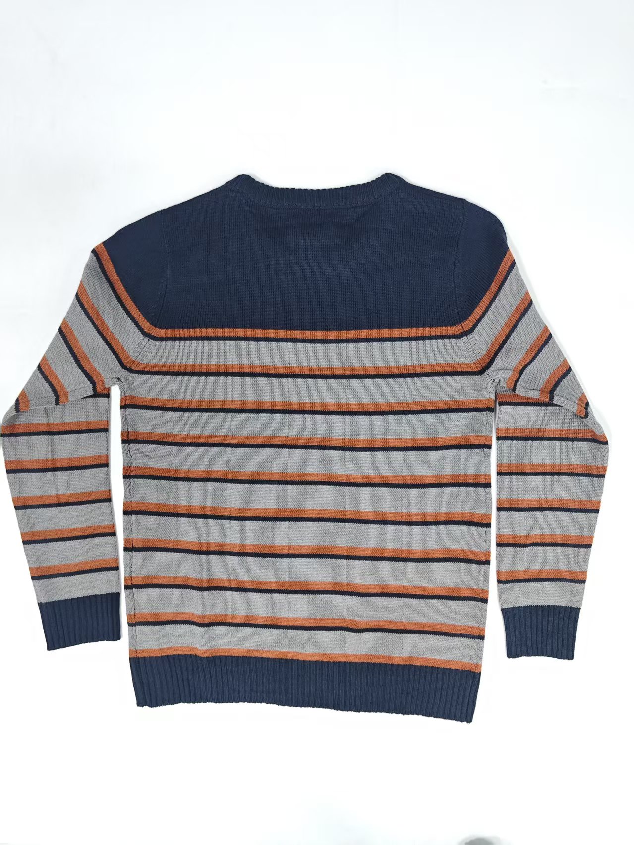 Wholesale men navy orange striped crew neck sweater TF8826 back flat view