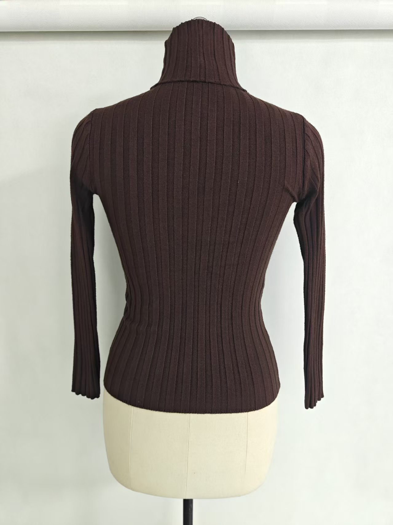 Wholesale women dark brown rib turtleneck knit top TF8829 back view on mannequin