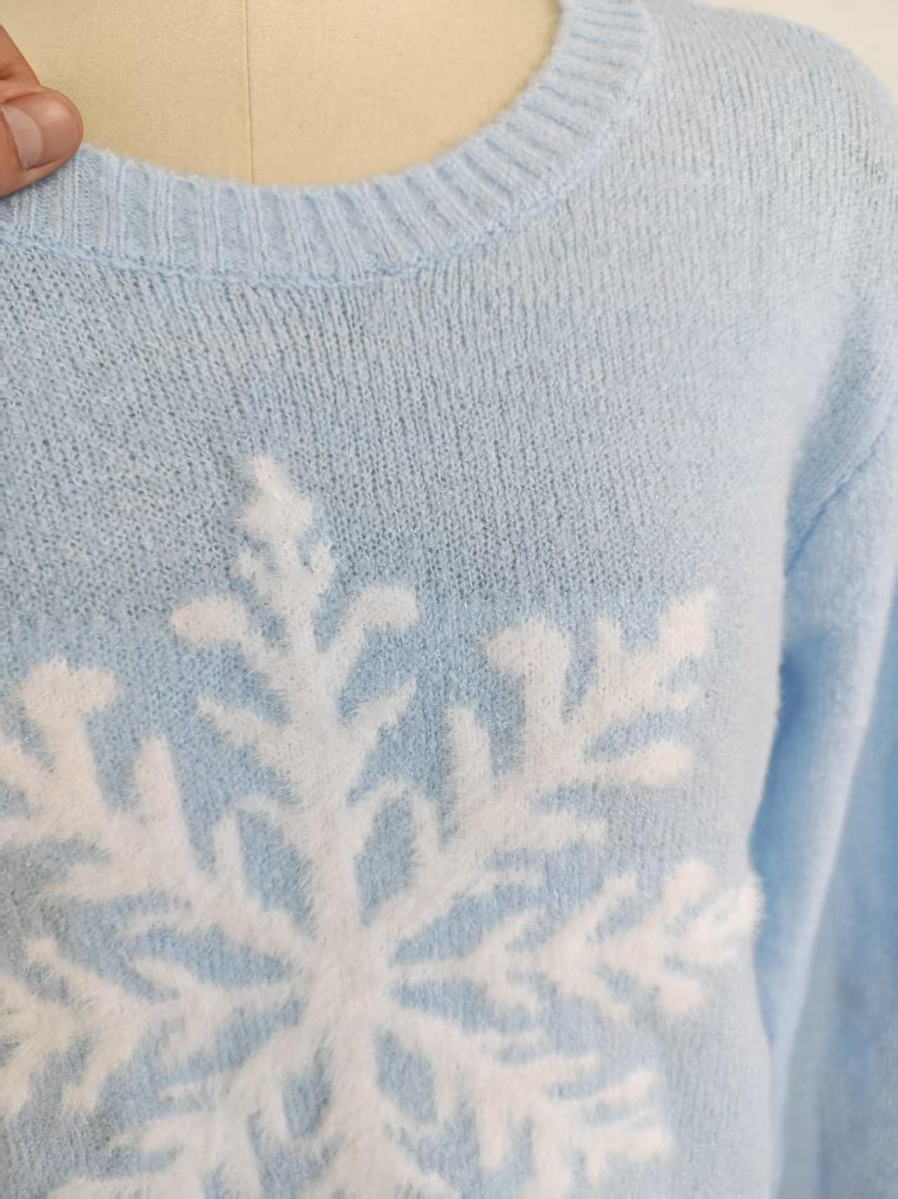 Close up snowflake jacquard pattern detail ladies blue knit sweater TF8843