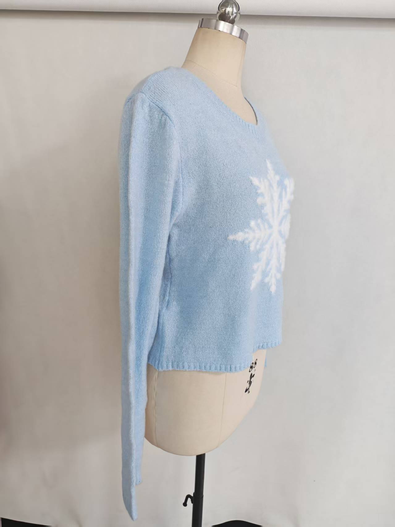 Light blue women snowflake knit sweater TF8843 side view on dress form