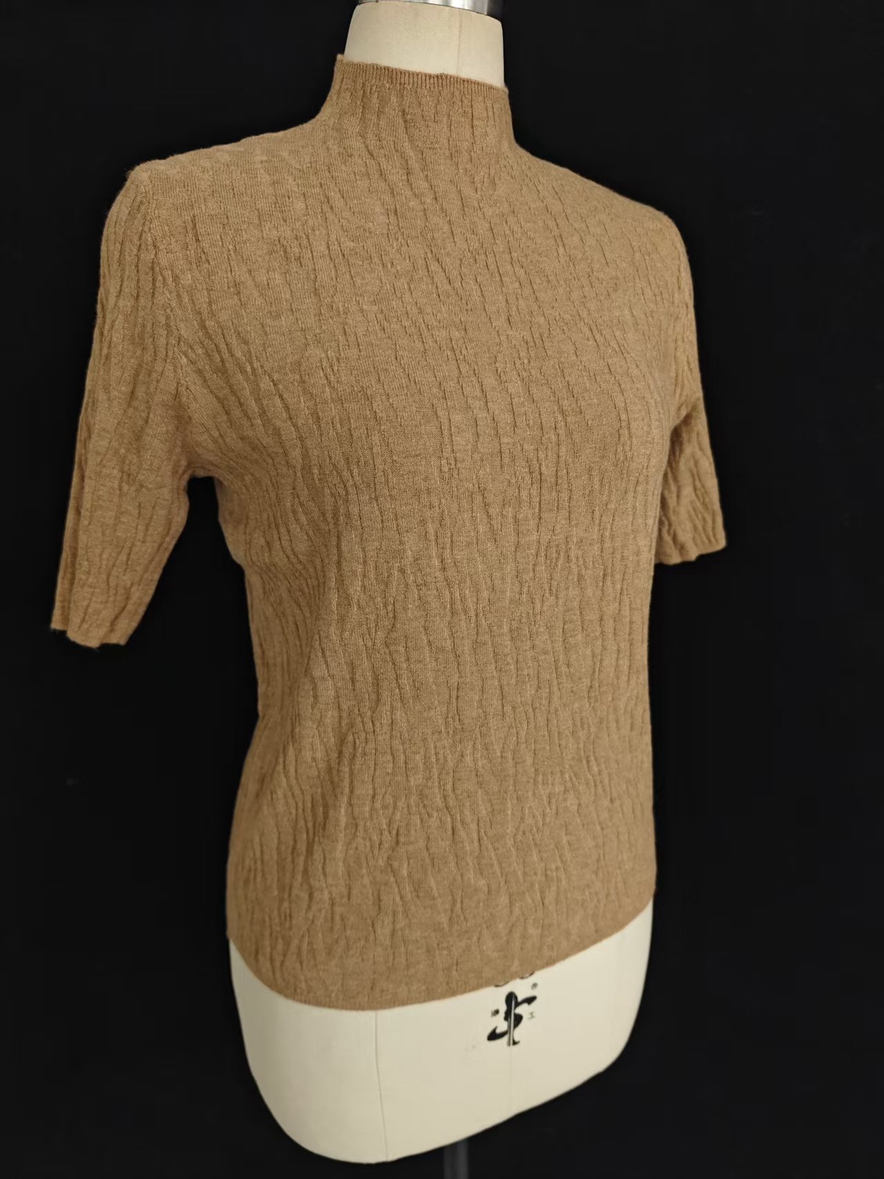 Wholesale ladies camel crinkle mock neck knit sweater TF9011 side front view on mannequin