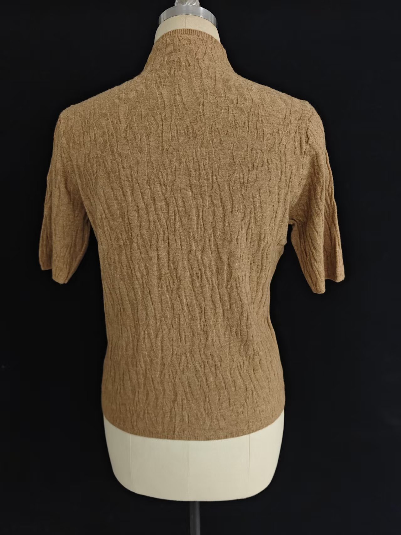 Camel women mock neck knit top TF9011 back view on dress form