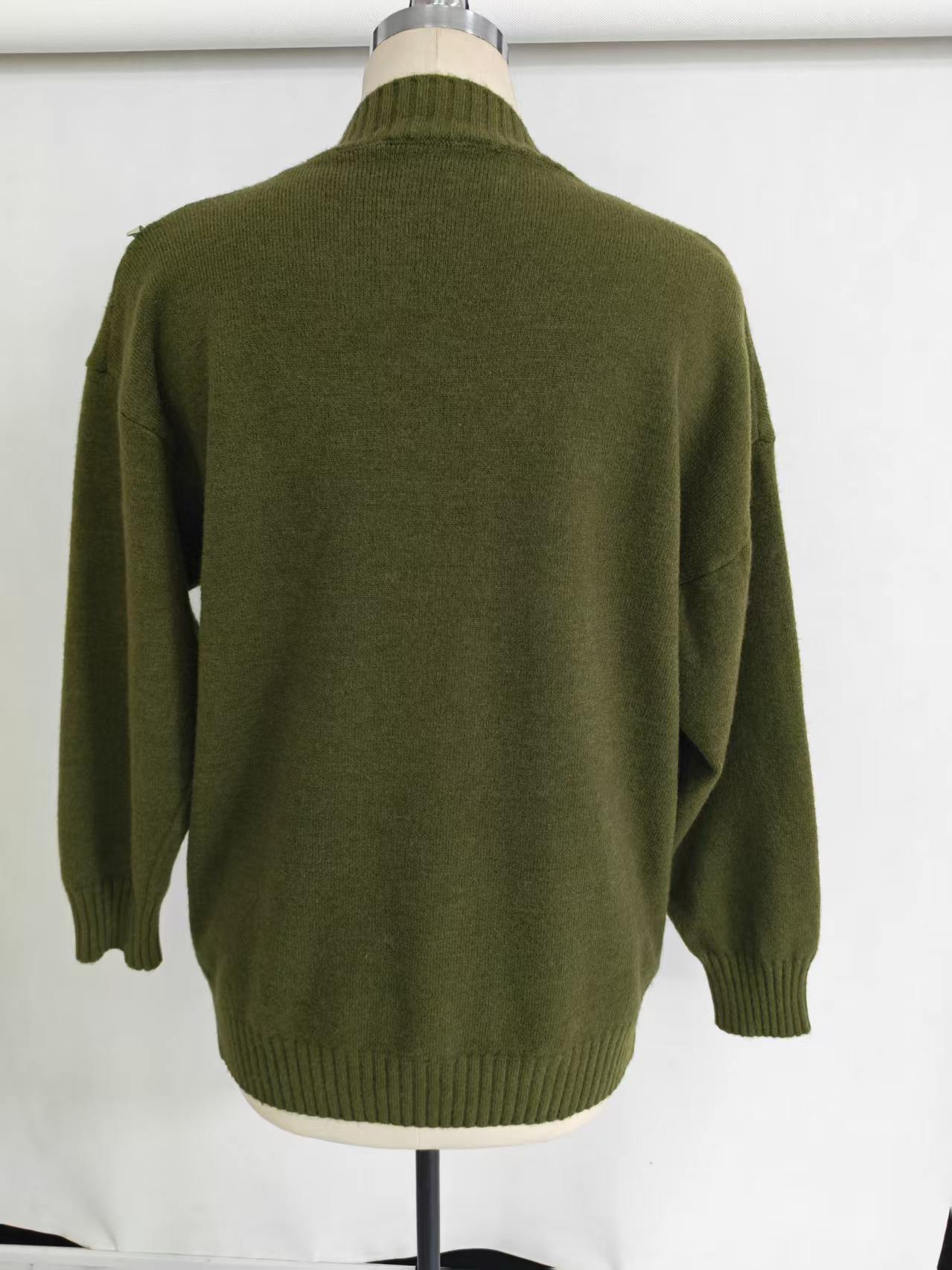 Olive green women crew neck long sleeve knit sweater TF8861 back view on dress form