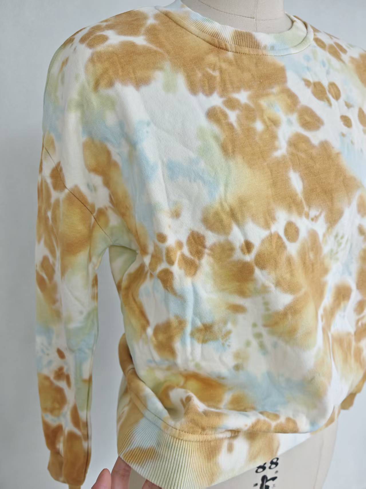 Yellow tie-dye women sweatshirt TF8858 side front view on dress form