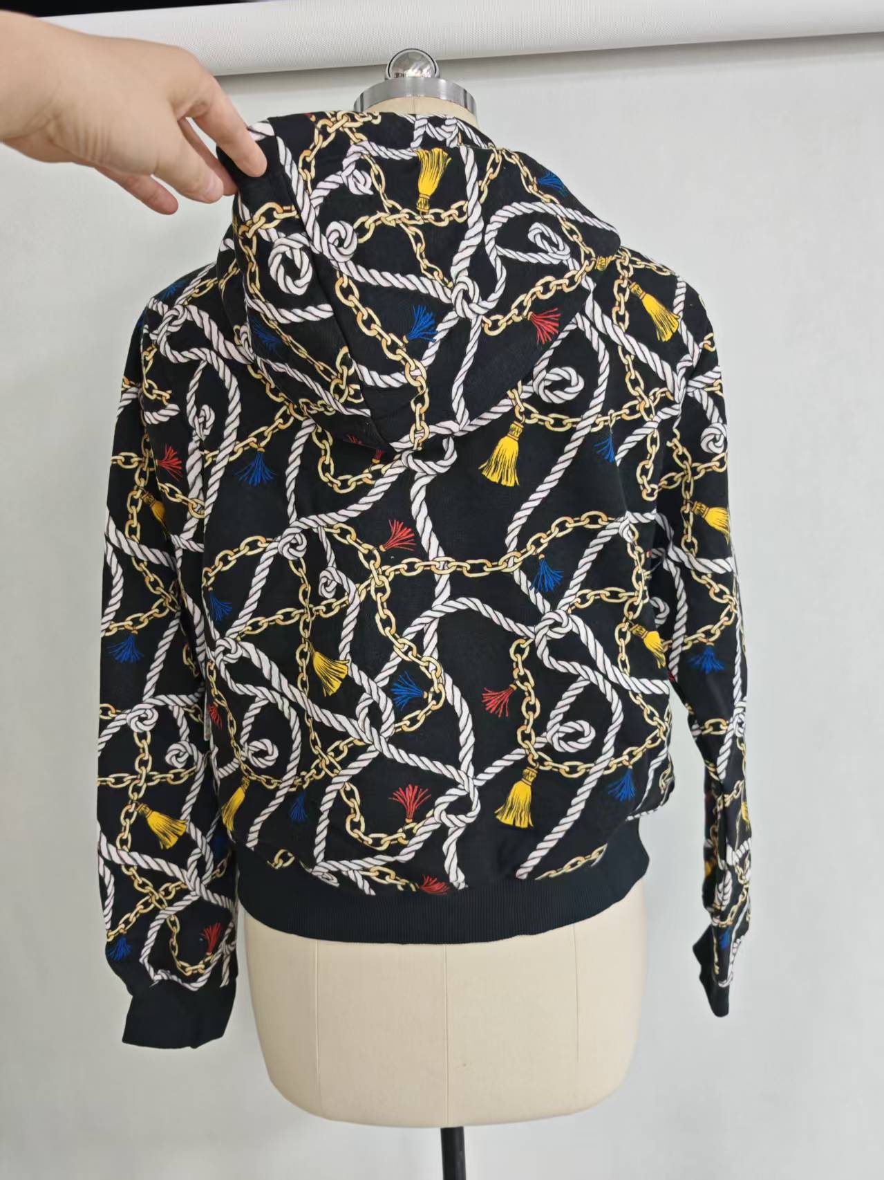 Black chain graphic women hooded sweatshirt TF8849 front view on dress form