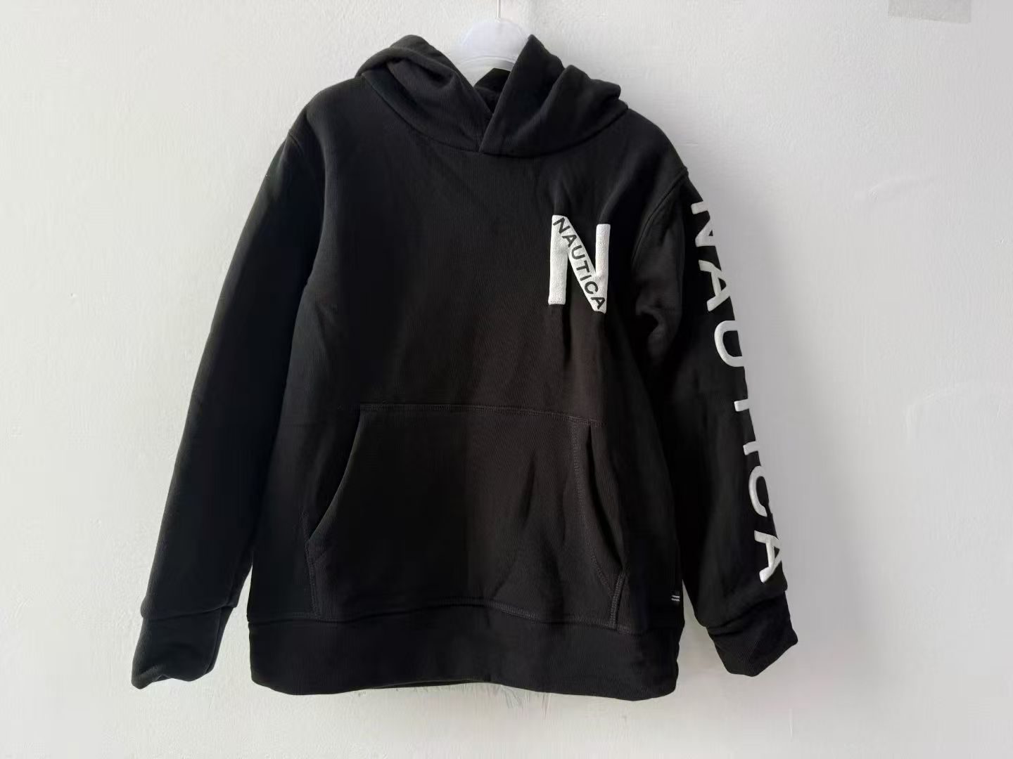 Wholesale boy's black hooded sweatshirt TF8637 front view on mannequin