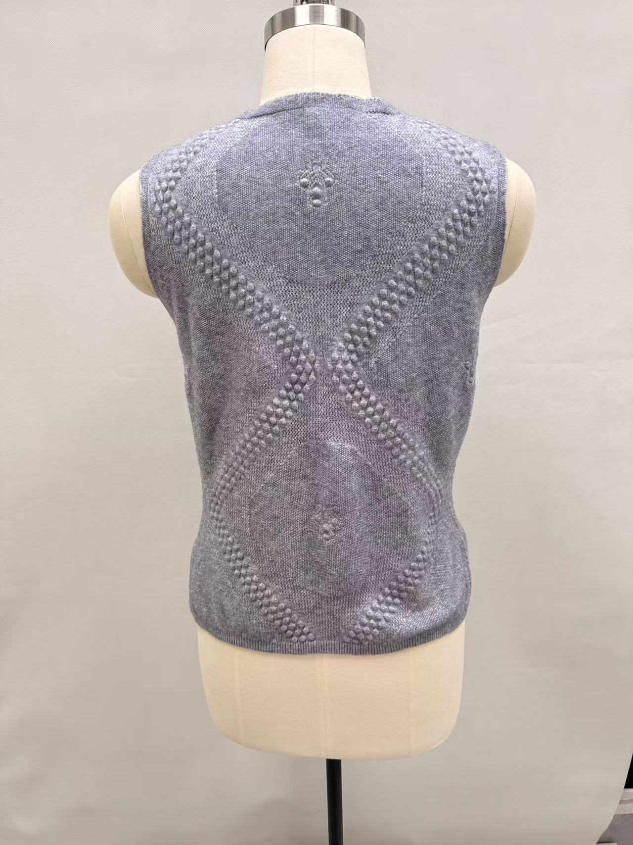 Ladies' grey knit V-neck vest TF8773 back view on dress form