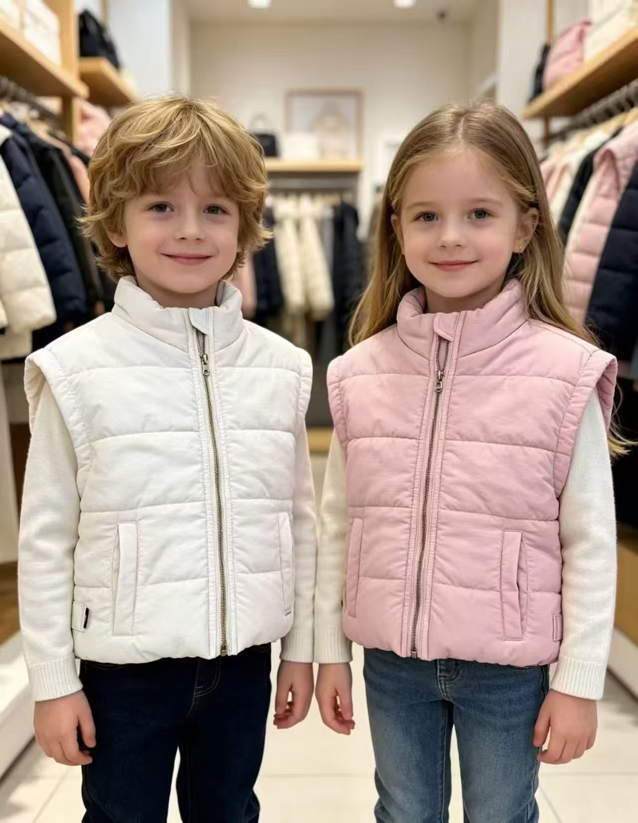 Wholesale kids puffer vest TF8955 model shot white and pink