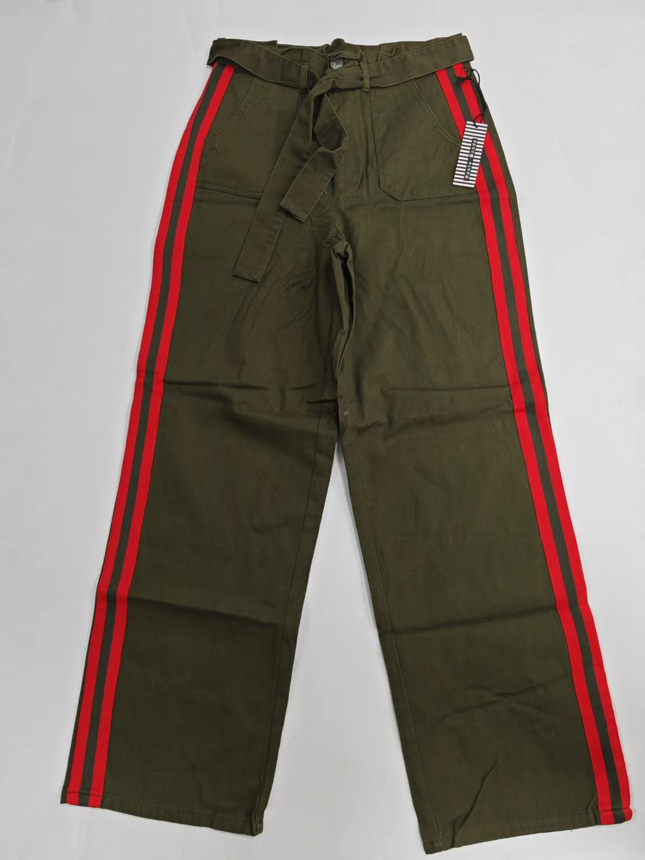 Wholesale ladies olive green side red stripe straight pants TF8869 full front view