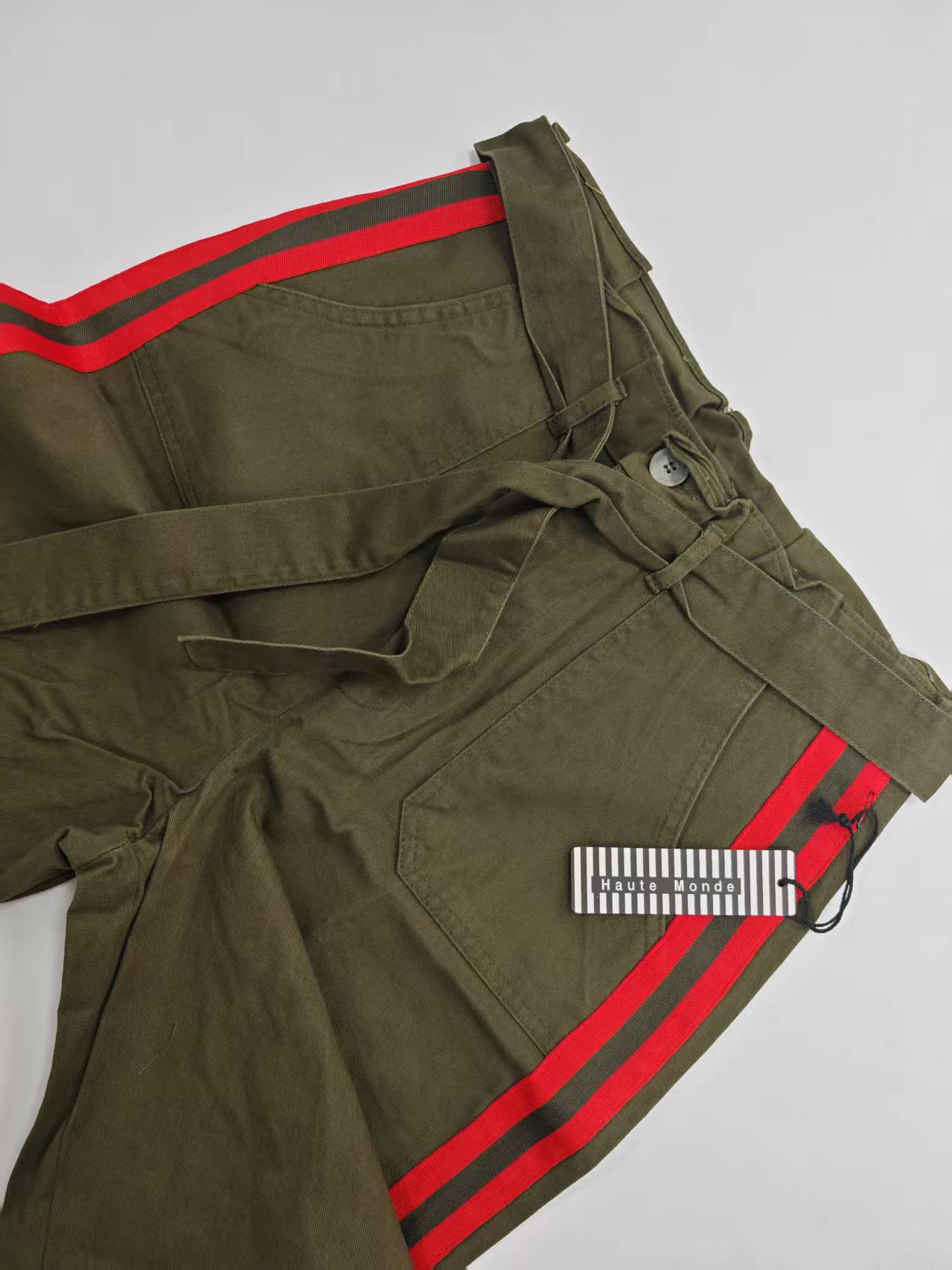 Side stripe detail ladies olive green cotton trousers TF8869