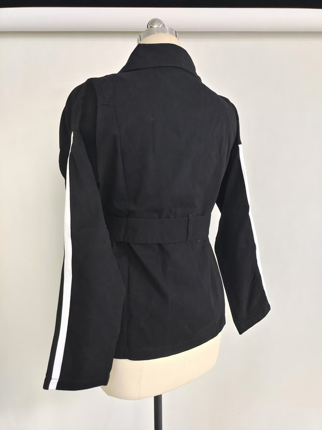 Ladies black cotton jacket side back view on mannequin TF8872