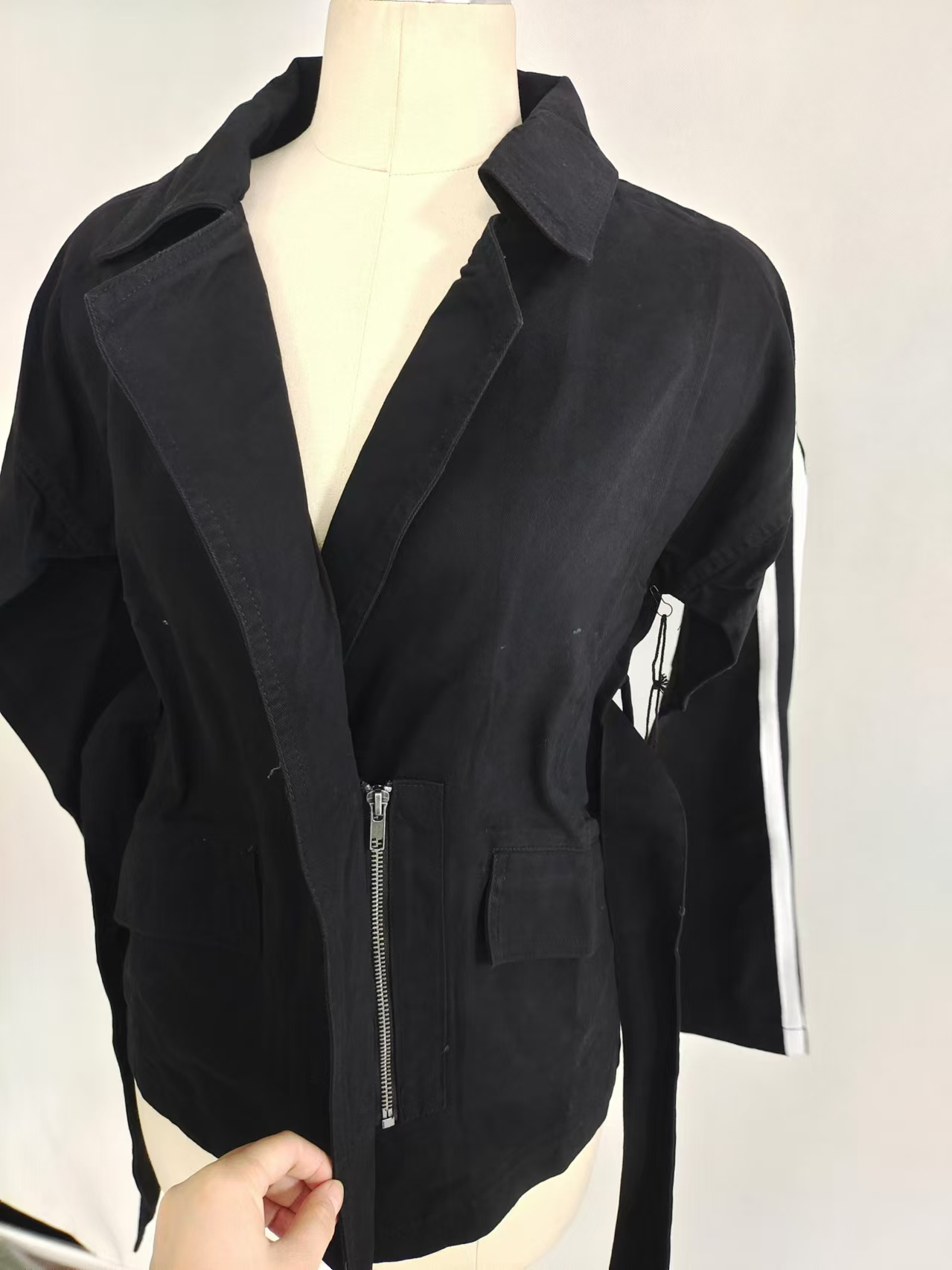 Ladies black cotton zip up jacket with side stripe detail TF8872 mannequin shot