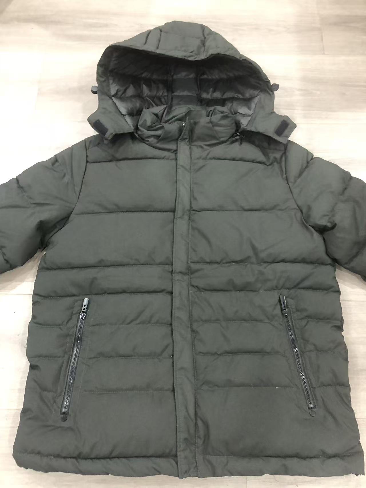 Wholesale men's dark green hooded puffer jacket TF8928 hanging front view