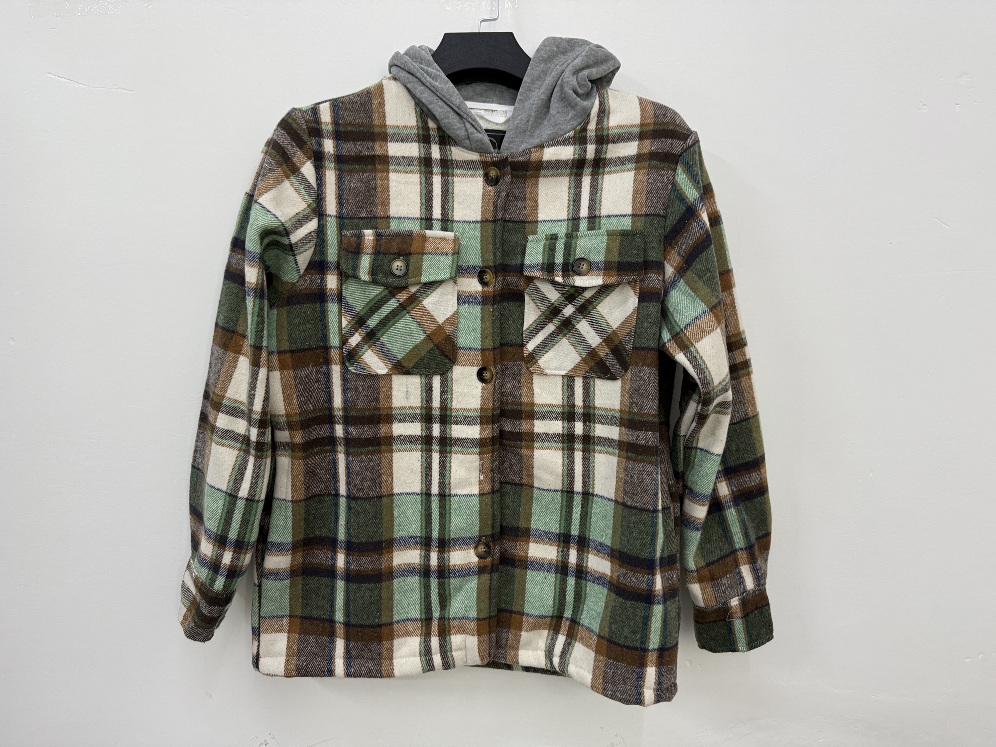 Wholesale ladies green brown plaid hooded shacket TF8911 hanging front view