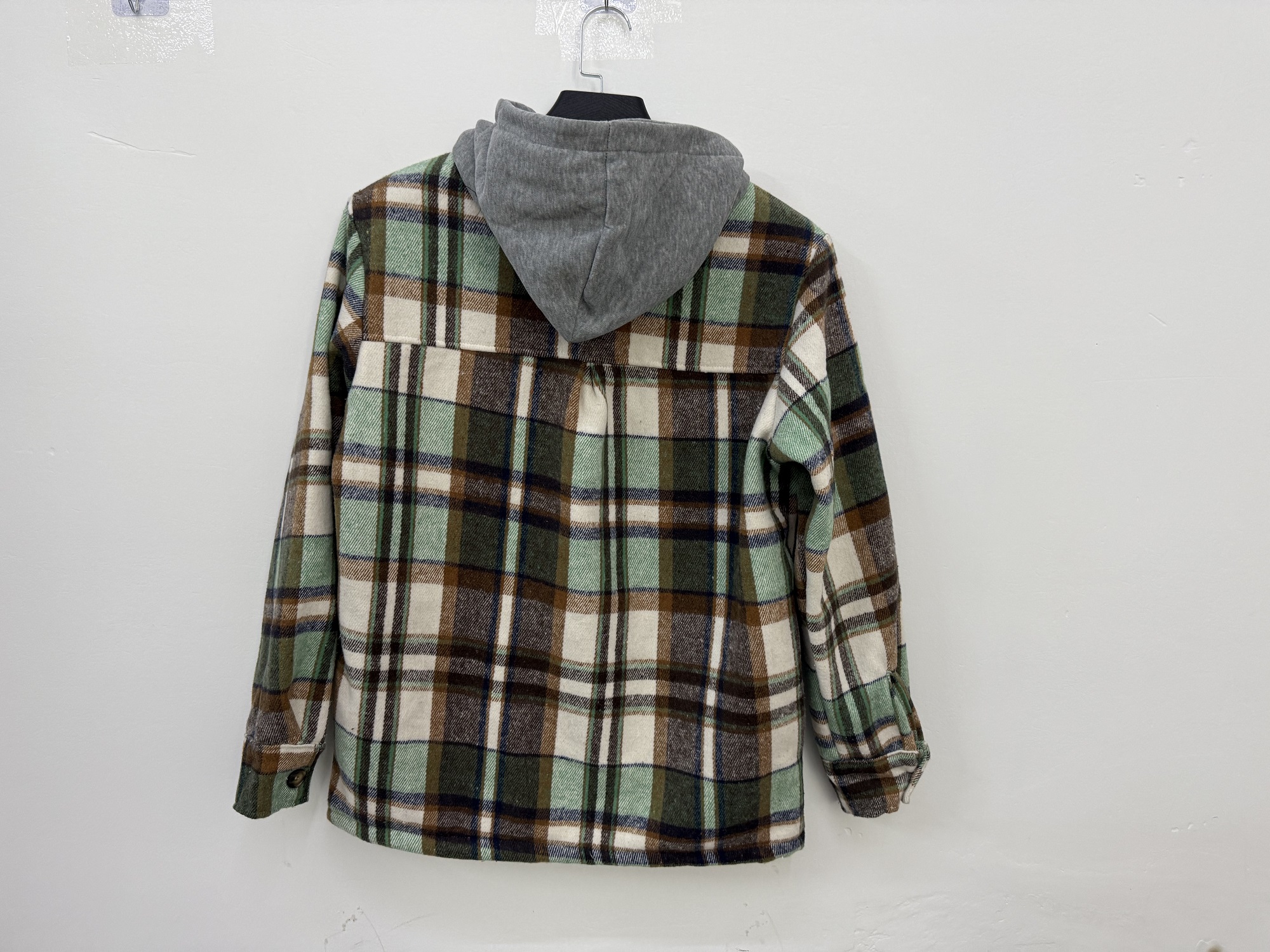 Ladies 100% polyester plaid shirt jacket with grey hood TF8911 hanging back view